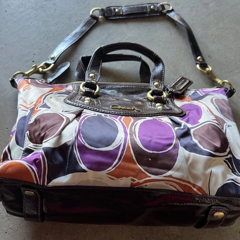 Vintage COACH Ashley Scarf C's Print LARGE Satchel Purse Bag Orange Purple - Picture 5 of 14